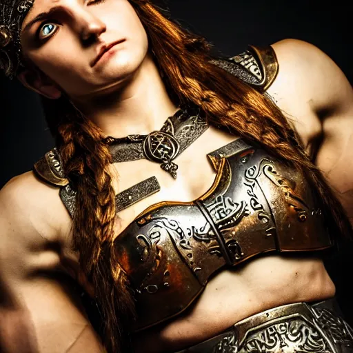 Image similar to a female valkryie, pronounced nordic feminine features, midriff, ornate metal chest plate with nordic religious decorations, low dutch angle, face in focus, natural lighting, realism, feminine and muscular