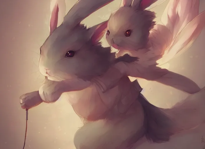 Image similar to a cute rabbit in a japanese anime!, rabbit, pa works, kyoani, studio orange, anime, contrast, pixiv, artstation, by satoshi kon, by peter mohrbacher