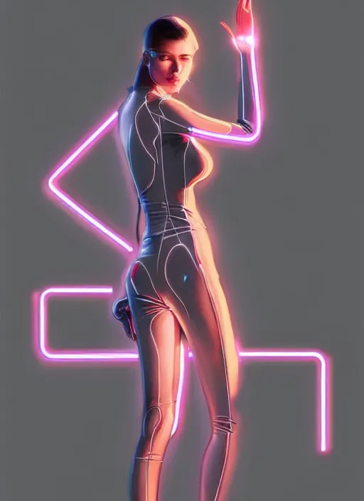 Image similar to portrait of modern female humanoid, transparent tight clothes, very futuristic, elegant, cyber neon lights, highly detailed, digital photography, trending in artstation, trending in pinterest, glamor pose, concept art, smooth, sharp focus, art by artgerm and greg rutkowski