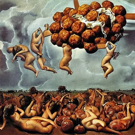 Image similar to a giant mess of women bodies with spaghetti bolognesa and meatballs flying in the stormy sky by dali