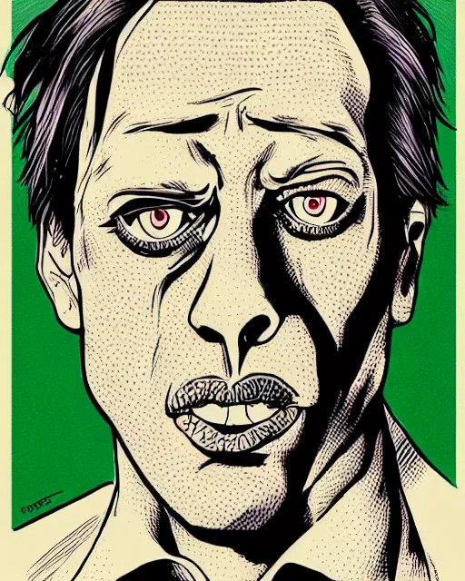 Prompt: Digital color ink drawing of Steve Buscemi from JoJo\'s Bizzare Adventure, highly detailed, sharp focus, screentone shading, 1990 manga panel, trending on ArtStation, manga cover art drawn by Hirohiko Araki