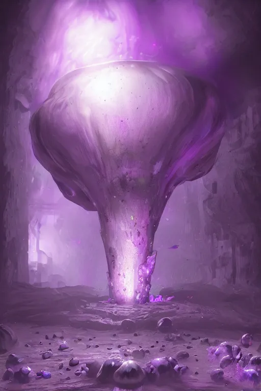 Prompt: Giant Mushroom Dripping Viscous Blobs of Purple Liquid from its Cap, Damp Dungeon, Underground, fantasy, digital illustration, realistic, trending on artstation, volumetric lighting, ultra detailed