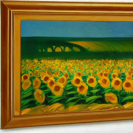 Image similar to an oil painting of a sunflower field is on fire in midnight by edward hopper