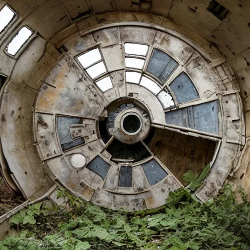 Prompt: overgrown desolate abandoned millenium falcon