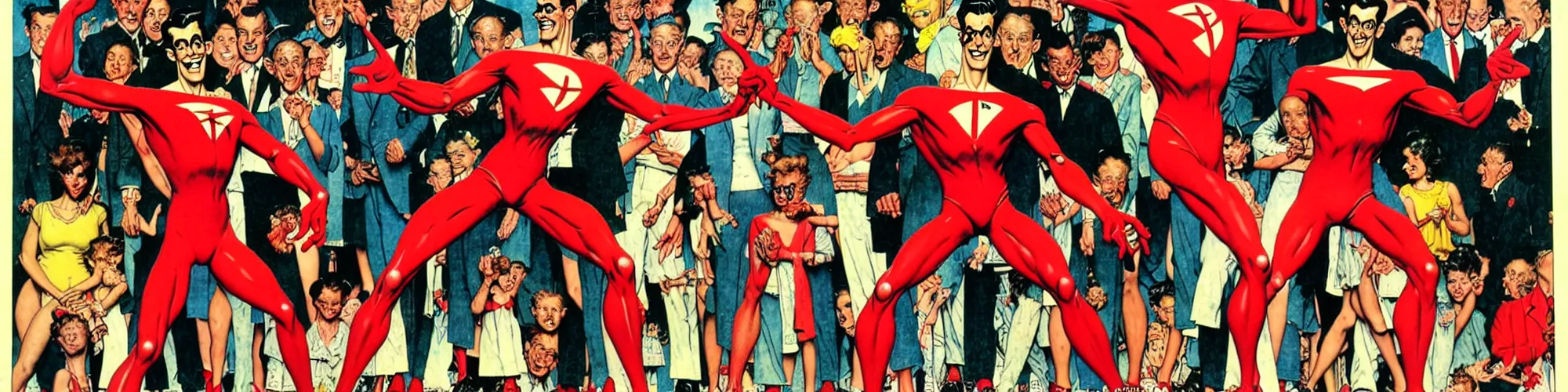 Image similar to plasticman showing off his weird limbs illustrated by norman rockwell with very long hands and arms and fingers and legs and feet twirling and twisting around at a very sunny park in a very crowded city with people looking surprised and stunned, funny, silly