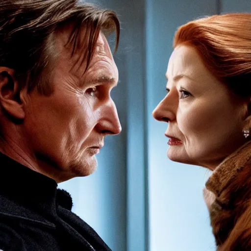 Prompt: side view of liam neeson facing miranda otto, sci - fi movie poster