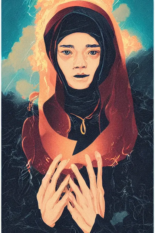 Image similar to portrait of a witch fire with hoodie by Sachin Teng and wlop