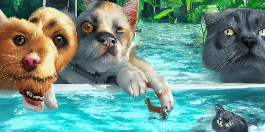 Image similar to cat and dog taking selfie in a swimming pool in the middle of the jungle, highly detailed, digital painting, artstation, concept art