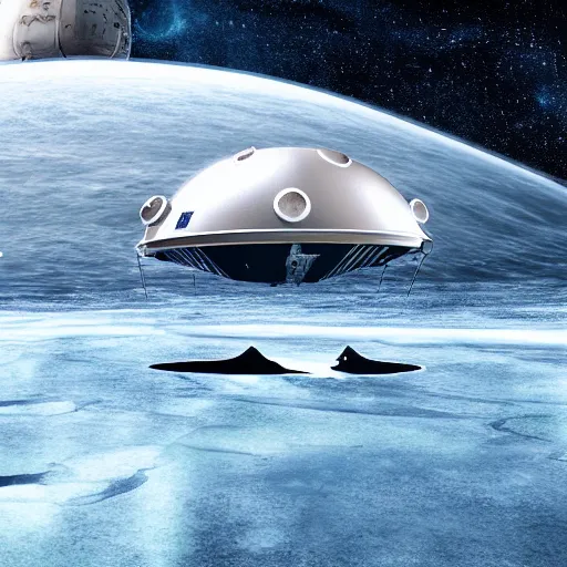 Image similar to very detailed photoillustration of a science fiction spaceship landing on an ice-covered planet, night, space, stars, Milky way