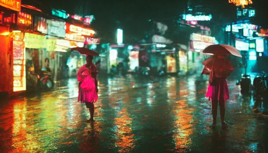 Image similar to street of hanoi, photography, night, rain, mist, a girl with pink hair, cinestill 8 0 0 t, in the style of william eggleston