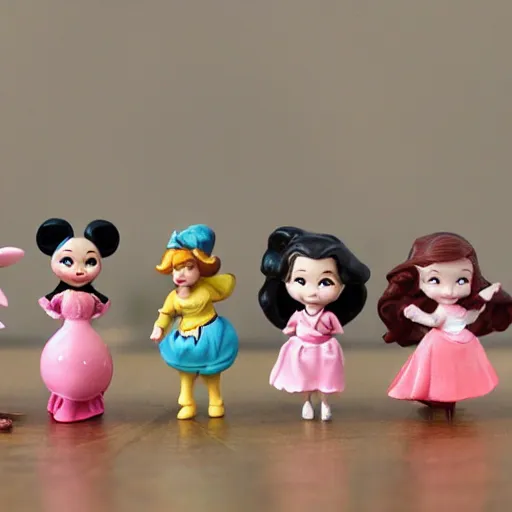 Image similar to product photograph of delicate cute vintage disney figurines by isabel han : 4 cute, chibi, popular, collectible, toys figures, kawaii, toys, white background : 3