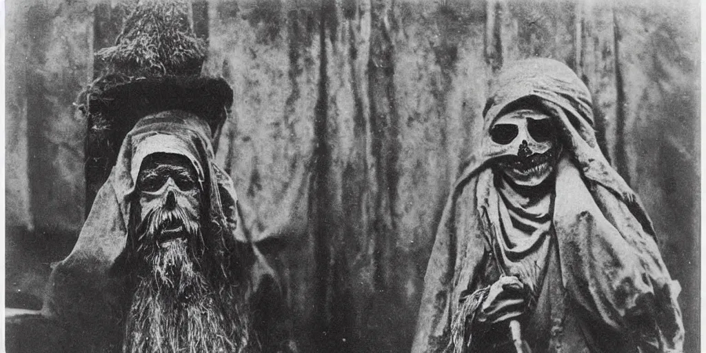 Prompt: hermit wearing a scary mask, 1900s picture