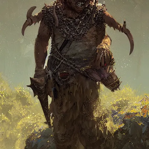 Prompt: portrait of the grinning elder goblin wearing chainmail whilst concealing a spear within the interior orc encampment greg rutkowski ismail inceoglu ishbel myerscough