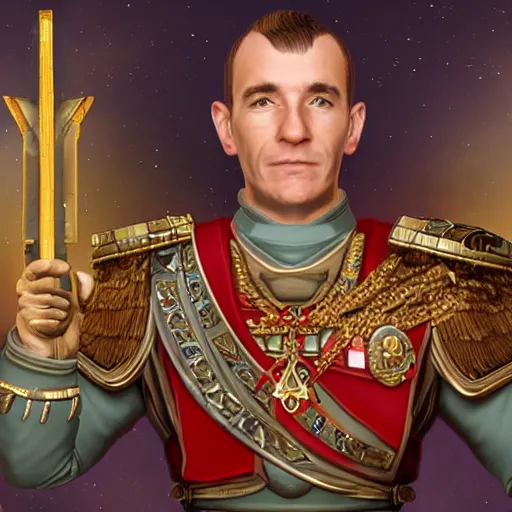 Image similar to Stellaris style portrait of an admiral wearing a Roman Empire inspired uniform, highly decorated