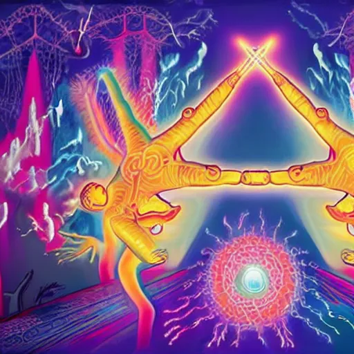 Image similar to a detailed illustration showing the creation of DMT.