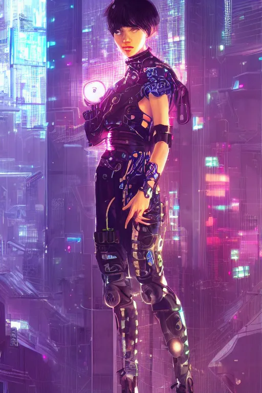 Image similar to portrait futuristic Cyber Ninja Girl, in future cyberpunk tokyo rooftop , ssci-fi, fantasy, intricate, very very beautiful, elegant, neon light, highly detailed, digital painting, artstation, concept art, smooth, sharp focus, illustration, art by alphonse mucha and tian zi and WLOP