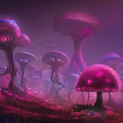 Image similar to concept art painting of a fantasy alien fungal landscape at night, magenta trees, glowing blue mushrooms, village of houses made of mushrooms, dark purple sky, realistic, detailed, cel shaded, in the style of makoto shinkai and greg rutkowski and albert bierstadt and james gurney