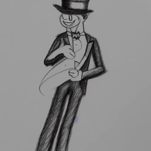 Image similar to a 2 d pencil sketch of a smiling marionette puppet wearing a top hat, highly detailed