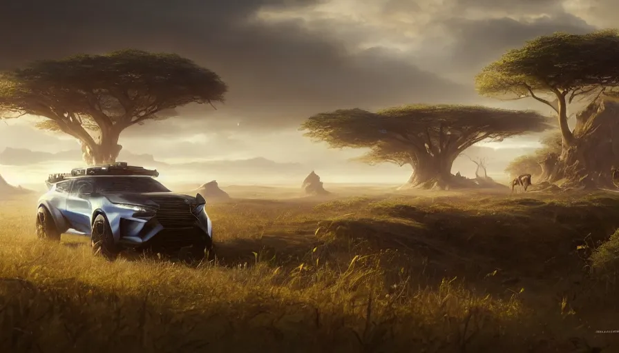 Prompt: a concept suv designed by apple driving through african savanna, artgerm and greg rutkowski and alphonse mucha, an epic fantasy, volumetric light, detailed, establishing shot, an epic fantasy, trending on art station, octane render, midsommar