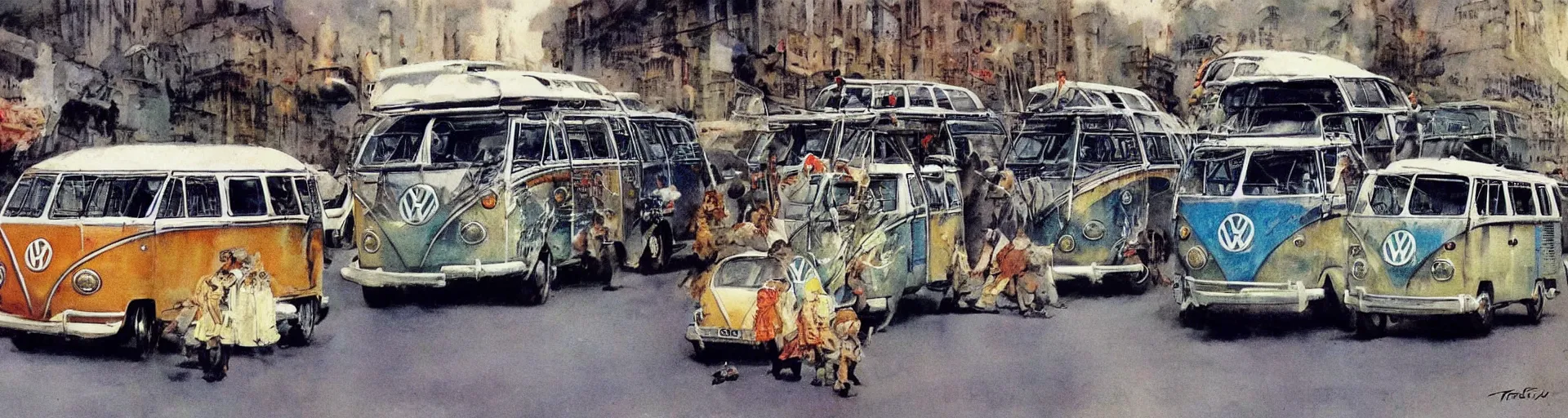 Prompt: a detailed vw buses racing in the street by frank frazetta