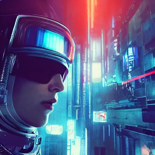 Image similar to professional photo of astronaut looking in the camera from low angle shot, cyberpunk background, blade runner, hyperrealistic masterpiece, trending on artstation, cgsociety, kodakchrome, golden ratio, cinematic, composition, beautiful lighting, hyper detailed, sharp focus, octane render, 4 k, unreal engine