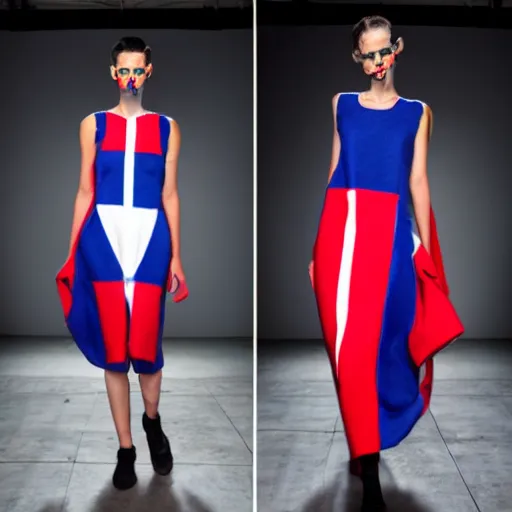 Image similar to brutalist fashion incorporating red white and blue, brutalist fashion show, studio lighting