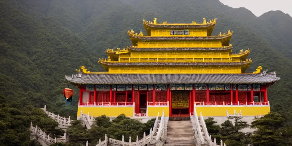 Image similar to a very high resolution image from a new movie, upside - down old yellow chinese temple, beautiful scenery, photorealistic, photography, directed by wes anderson