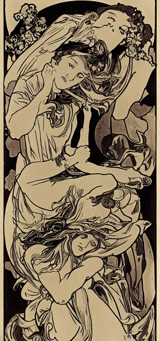 Prompt: Guernica,Alphonse Maria Mucha