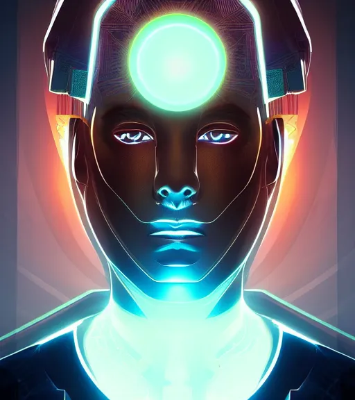 Image similar to symmetry!! egyptian prince of technology, solid cube of light, hard edges, product render retro - futuristic poster scifi, lasers and neon circuits, brown skin man egyptian prince, intricate, elegant, highly detailed, digital painting, artstation, concept art, smooth, sharp focus, illustration, dreamlike, art by artgerm