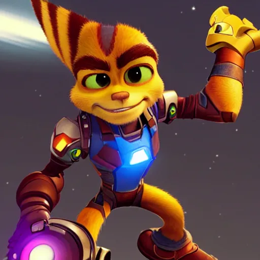 Image similar to ratchet and clank meets robert downey jr