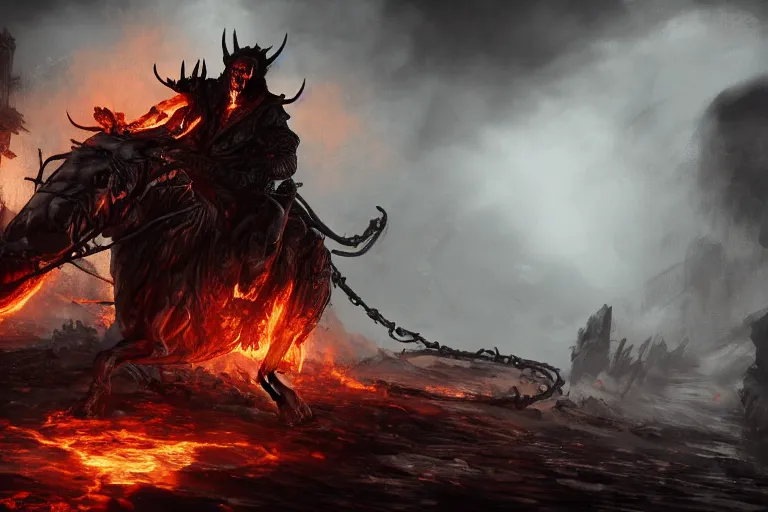 Image similar to Ghost Rider, flaming grim reaper, the pits of hell, upper body character concept, dark souls concept art, Feng Zhu concept art, dramatic lighting, highly stylized, trending on artstation, high-quality wallpaper, desktopography