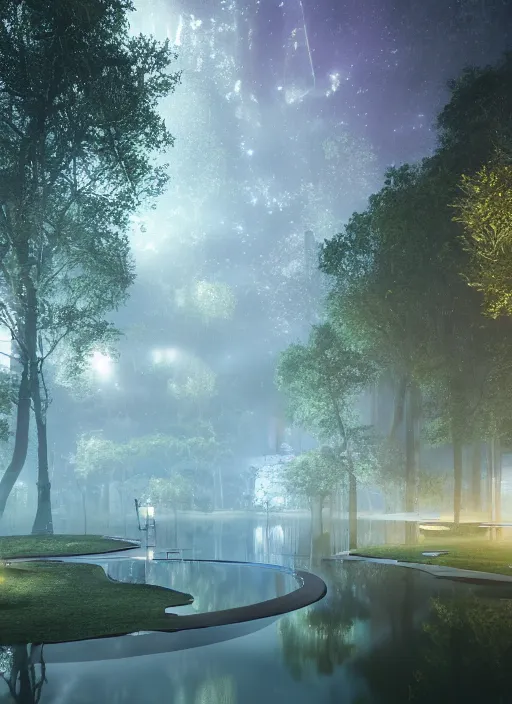 Prompt: photography at night of an ethereal pond, a central sunlight glare, mystical lights, cyber futuristic lights, masterpiece, epic, cinematic, hyperealistic, high detailed, corona render, hdr, ray tracing