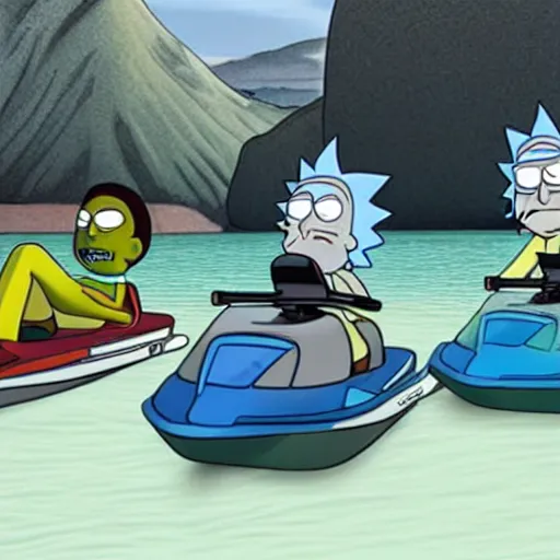 Image similar to rick and morty driving jetskis