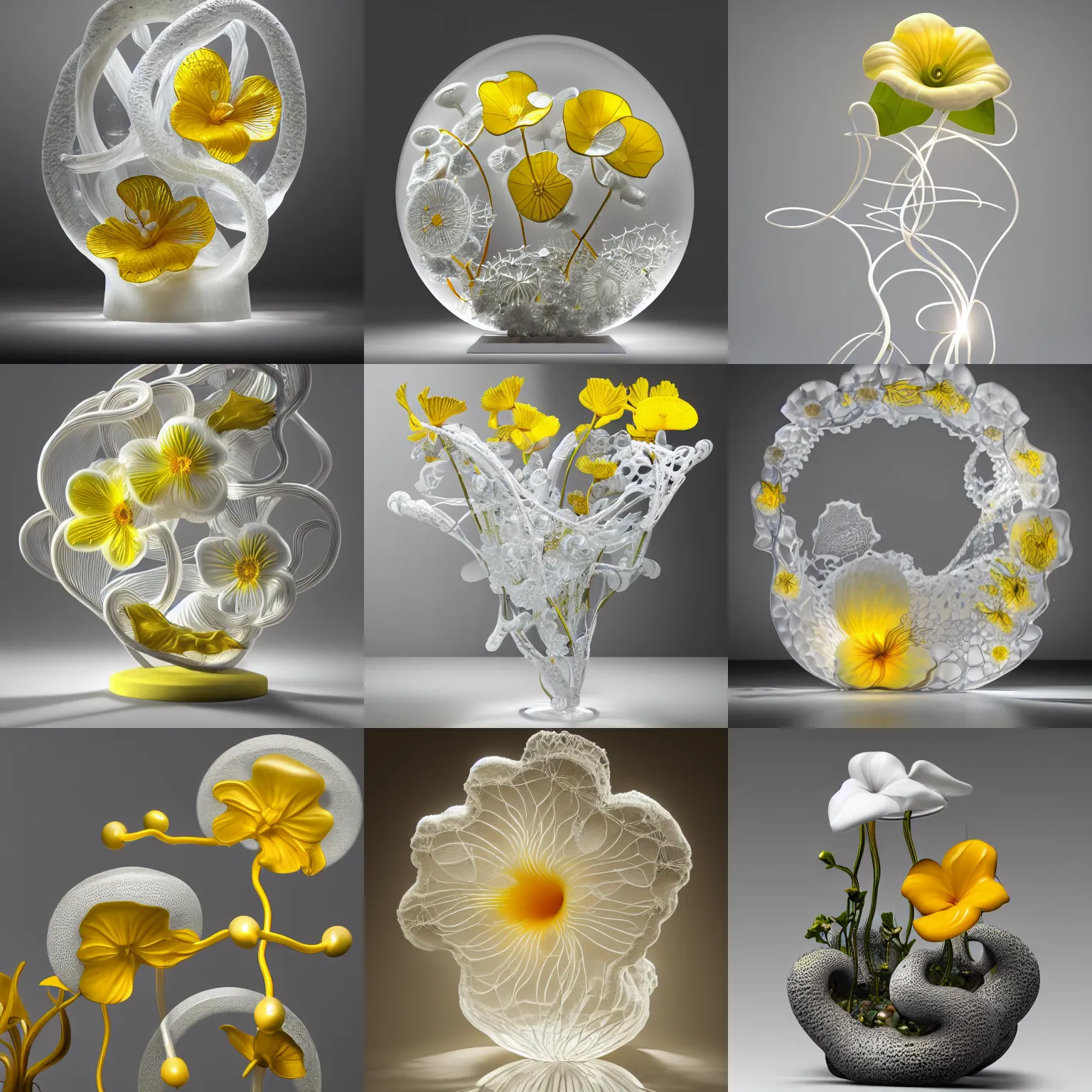 Prompt: a beautiful intricate 3 d abstract glass sculpture made of white pore fungi, morning glory flowers, boho floral vines, murano round colored glass vases, yellow hibiscus flowers, top lit, octane render, soft lighting, ultra detailed, 8 k, trending in artstation, gallery piece by barbara hepworth