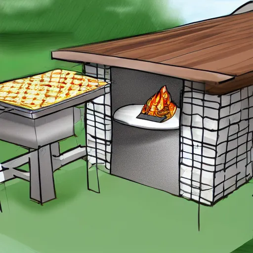 Image similar to new ideas for outdoor kitchen design with grill and pizza oven, designer pencil sketch, HD resolution