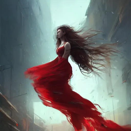 Prompt: a woman with long hair and with red long dress balancing with wind in urban scene, highly detailed, illustration, fantasy art, in the style of greg rutkowski, epic, fantasy, intricate, hyper detailed, artstation, concept art, smooth, sharp focus, ray tracing