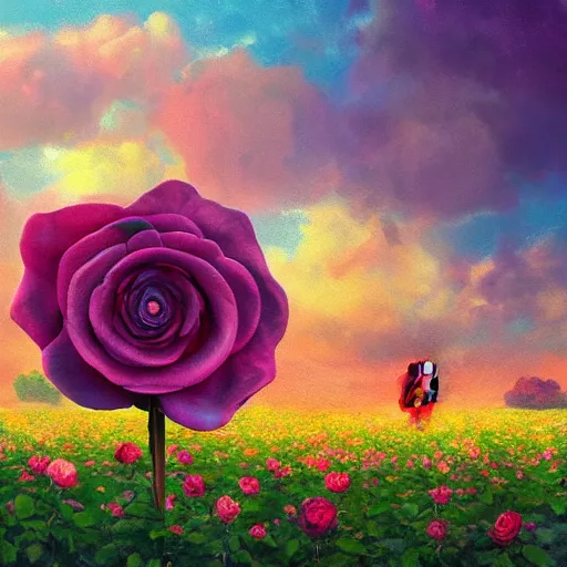 Image similar to large rose in front of face, girl frontal in a flower field, surreal photography, sunrise dramatic light, impressionist painting, colorful clouds, digital painting, artstation, simon stalenhag