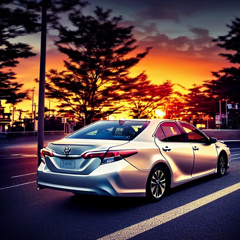 Image similar to close-up-photo TOYOTA CAMRY middle of street, sunset kanagawa prefecture, night, cinematic color, photorealistic, highly detailed,