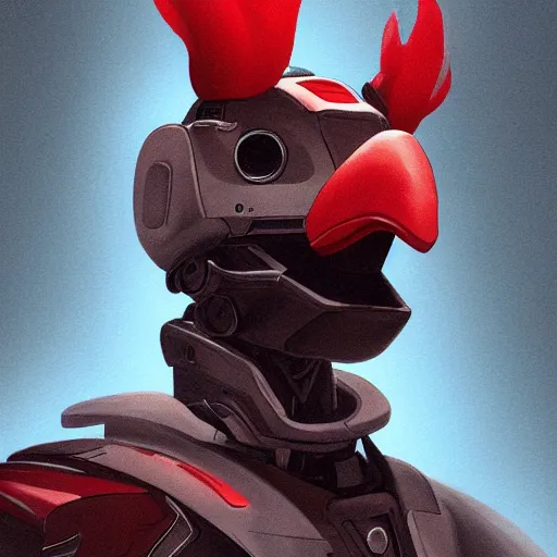 Prompt: a portrait of a futuristic robotic rooster wearing a hoodie, artstation, illustration