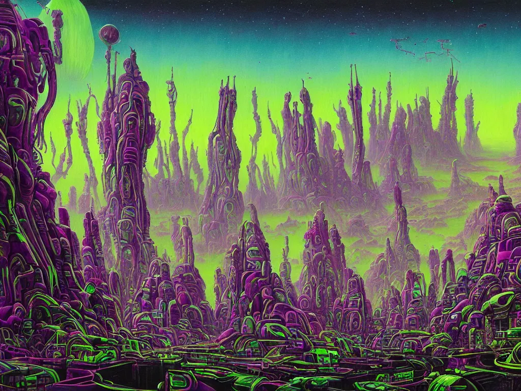 Prompt: Epic science fiction landscape. In the foreground are robot civilians looking up into the night sky, in the background vibrant colourful alien trees and alien vegetation mixed with weird cosmic horrors. An abandoned alien spaceship is between them. On the horizon a futuristic city. Vibrant colours, stunning lighting, sharp focus, extremely detailed intricate painting inspired by Zdzisław Beksiński and Simon Stalenhag