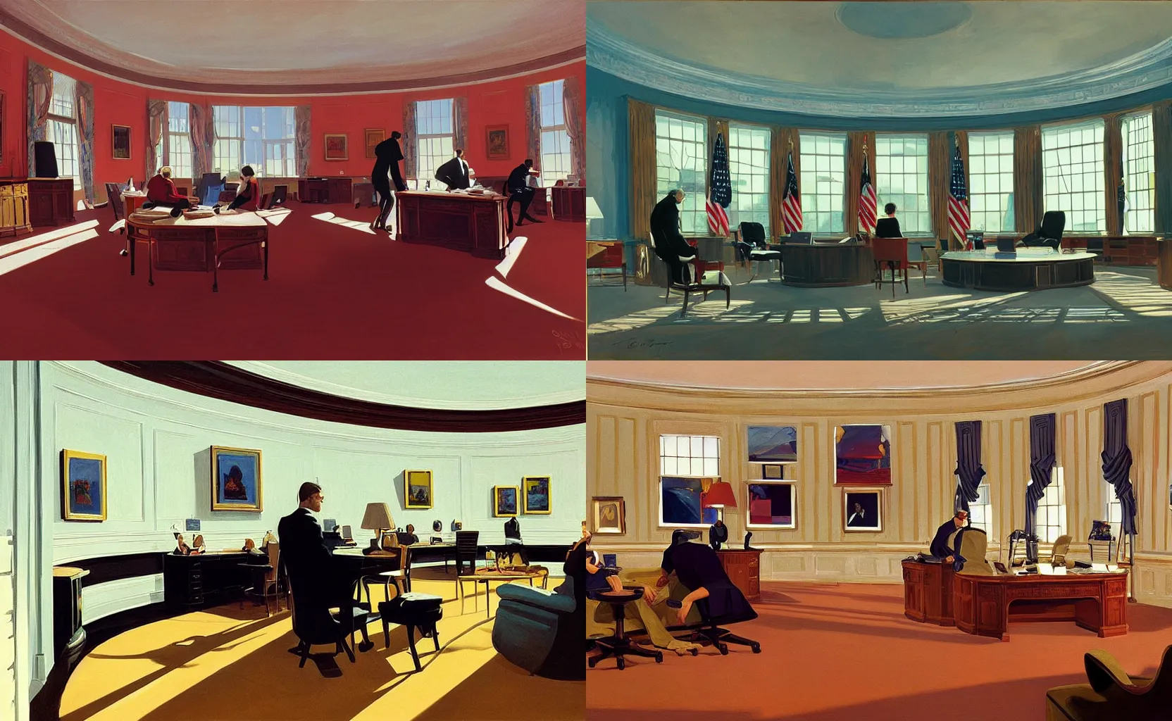Prompt: the inside of the Oval Office, painting by Syd Mead and Edward Hopper