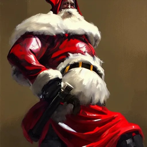 Prompt: greg manchess portrait painting of fully armored santa claus as overwatch character, medium shot, asymmetrical, profile picture, organic painting, sunny day, matte painting, bold shapes, hard edges, street art, trending on artstation, by huang guangjian and gil elvgren and sachin teng