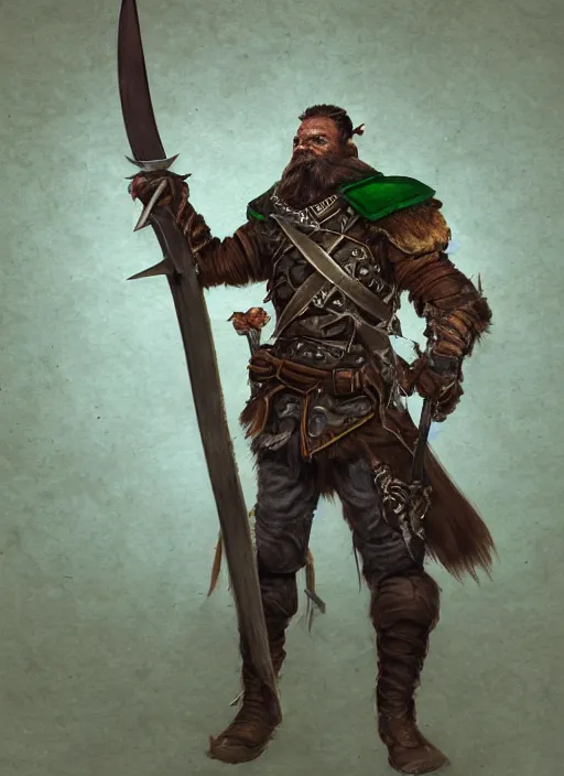 Image similar to strong young man, photorealistic bugbear ranger holding sword, fire magic, black beard, dungeons and dragons, pathfinder, roleplaying game art, hunters gear, jeweled ornate leather and steel armour, concept art, character design on white background, by norman rockwell, makoto shinkai, kim jung giu, artstation trending, poster art, colours red and green