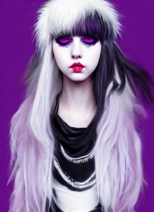 Image similar to portrait of white teenage girl, normal face, white bangs, mall goth, cyberlox, black and white hair, bangs, fluffy bangs, red contact lenses, purple lipstick, intricate, elegant, highly detailed, digital painting, artstation, concept art, sharp focus, smooth, illustration, art by wlop, mars ravelo and greg rutkowski