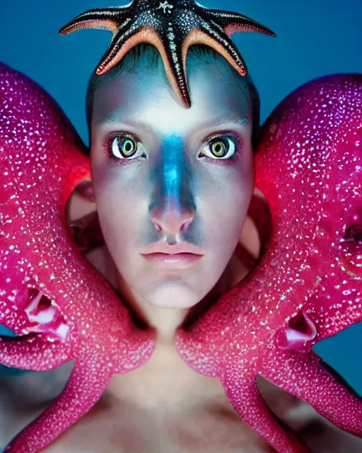 Image similar to natural light, soft focus portrait of a cyberpunk anthropomorphic starfish with soft synthetic pink skin, blue bioluminescent plastics, smooth shiny metal, elaborate ornate head piece, piercings, skin textures, by annie leibovitz, paul lehr