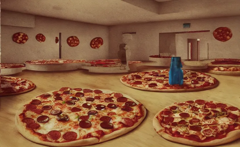 Prompt: a room made of pizza. called the pizza room amazing detailed artwork, trending on artstation