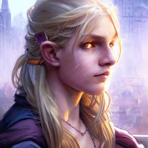 Image similar to portrait of a young thief in the slums of a fantasy city, dirty blonde hair, d & d, fantasy, joyful smirk, intricate, elegant, highly detailed, digital painting, artstation, concept art, matte, sharp focus, illustration, art by artgerm and greg rutkowski and alphonse mucha