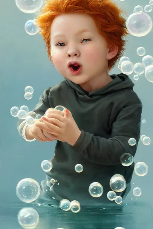 Prompt: a little boy with ginger hair chasing bubbles. clean elegant painting, beautiful detailed face, lots of bubbles. by artgerm and greg rutkowski