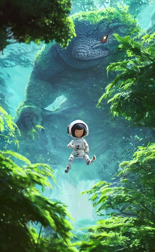 Image similar to a still of a cute adorable tiny astronaut, on a planet of lush foliage, with an enormous kaiju dragon surrounding, magical forest, sharp focus, neon backlit, highly detailed, disney pixar studio ghibli makoto shinkai, digital painting, matte, octane render, global illumination, iridescent, anime, 8 k concept art