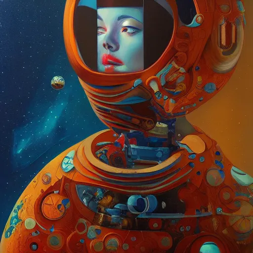 Image similar to oil painting of a humanoid lady lost in space, james jean